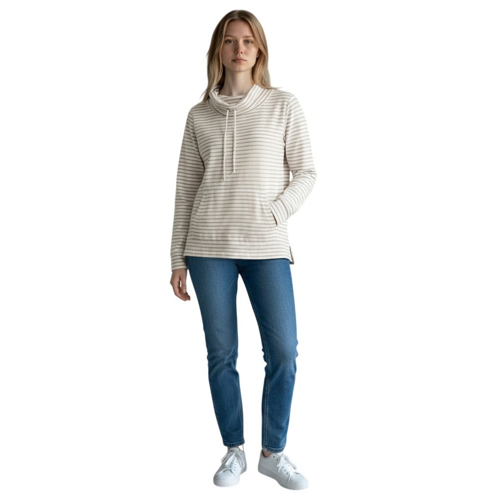 Talbots Striped Cowl Neck Tunic Sweatshirt Tan White XS